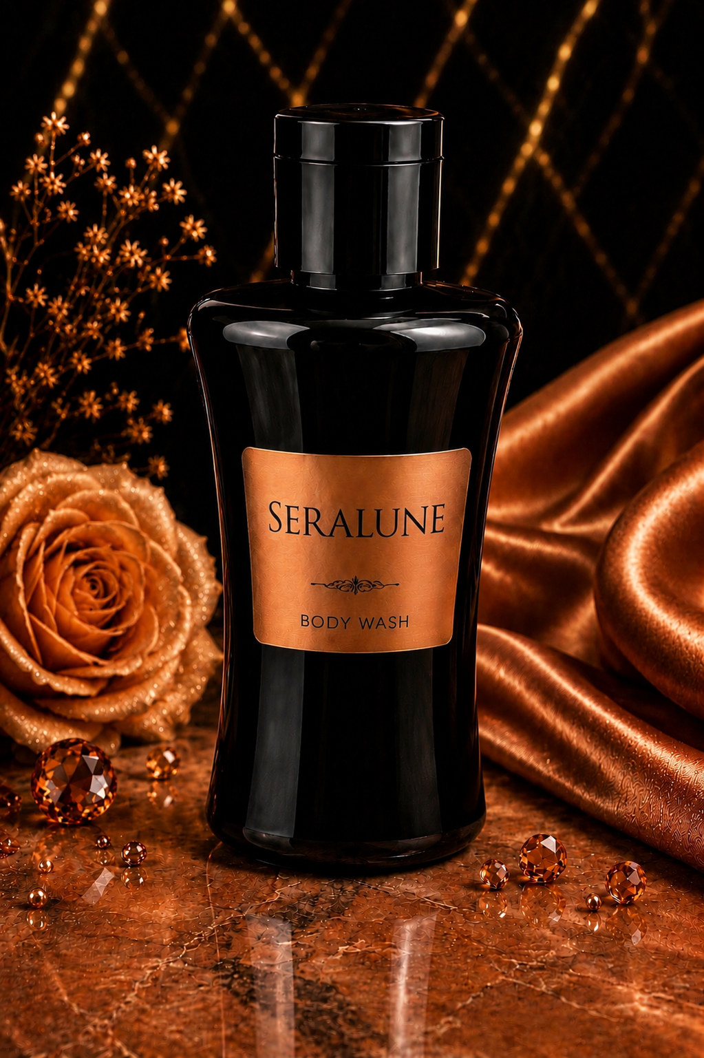 Black bottle of Seralune body wash on a wooden surface with decorative elements.