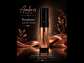 A perfume roller bottle labeled 'Seralune' by Amber's Naturals, shown on a dark reflective surface with metallic rose-gold draped fabric and decorative leaves. The bottle has a black cap and a metallic rose-gold body with the brand name in white script.