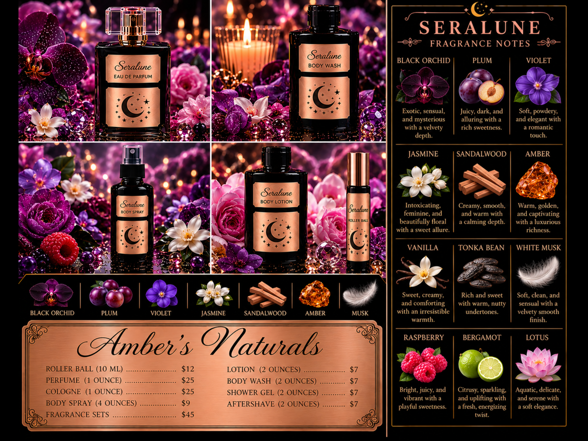 Promotional collage for Amber's Naturals Seralune collection featuring dark fragrance bottles, gold labels, flowers, candles, and scent notes on a black background.