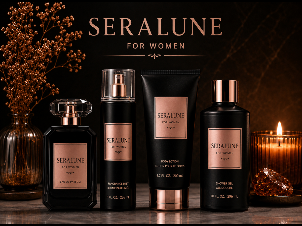 Seralune for women perfume and skincare  Fragrance Set products on a dark background with candles and flowers.