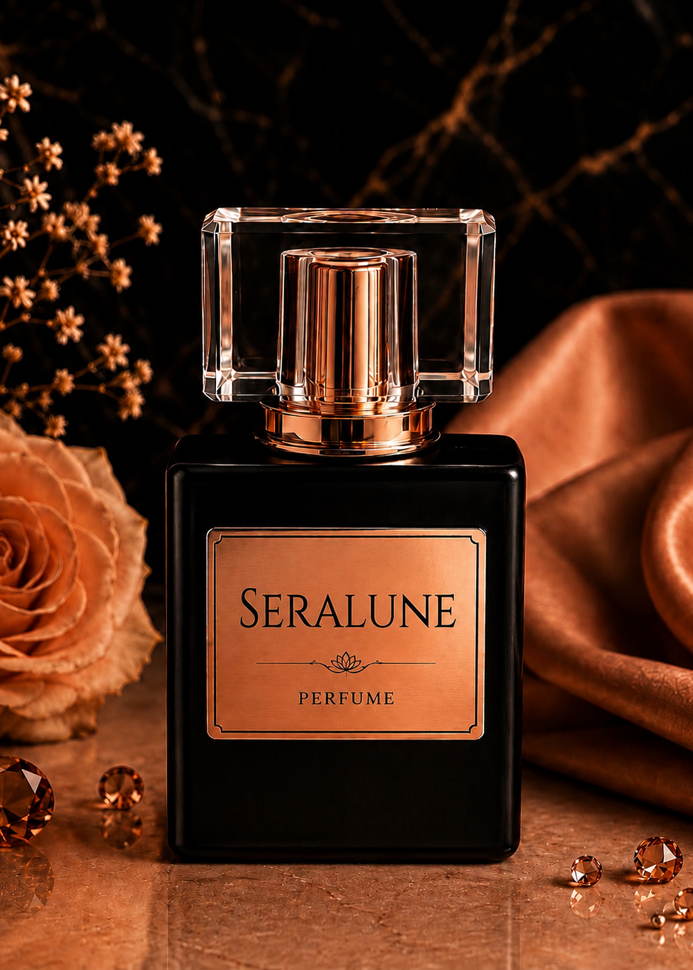 Seralune perfume bottle with decorative elements on a dark background