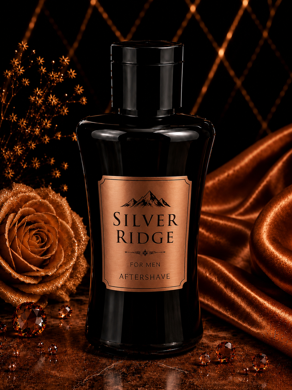 Black bottle of Silver Ridge aftershave with a decorative background