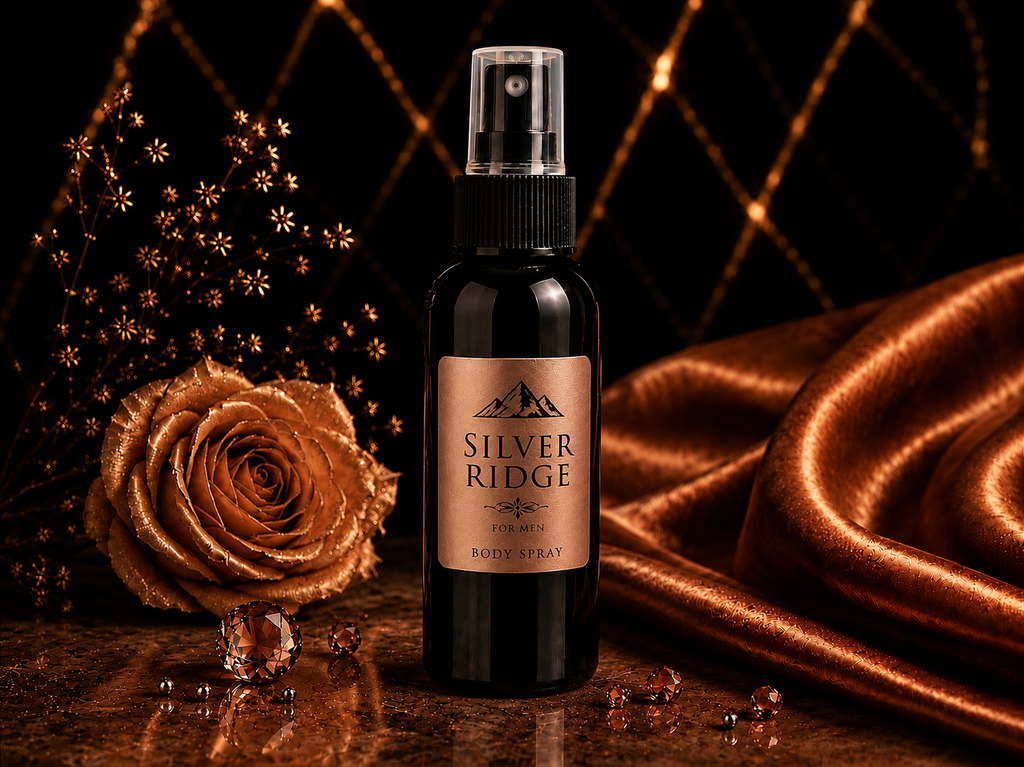 Bottle of Silver Ridge body spray with decorative elements on a reflective surface.