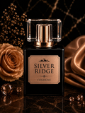 Perfume bottle labeled 'Silver Ridge' Cologne with decorative elements on a dark background