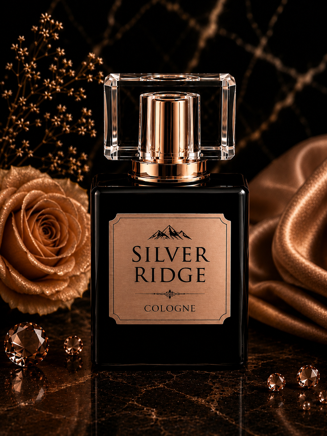 Perfume bottle labeled 'Silver Ridge' Cologne with decorative elements on a dark background