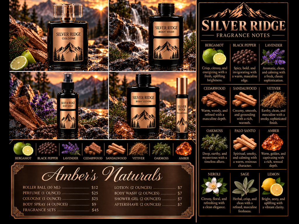 Promotional collage for Silver Ridge by Amber’s Naturals. Features dark amber fragrance bottles with mountain labels, highlighting scent notes like bergamot, black pepper, and lavender