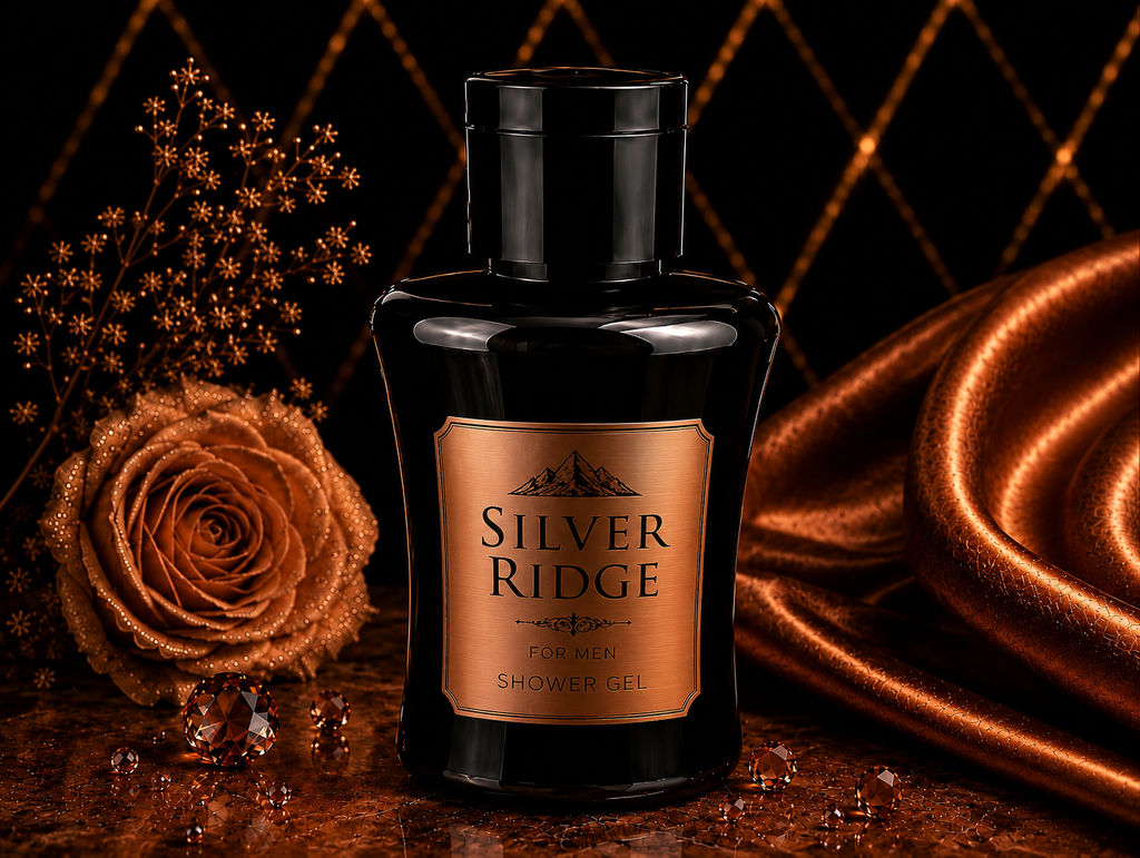 Bottle of Silver Ridge shower gel with decorative elements on a dark background