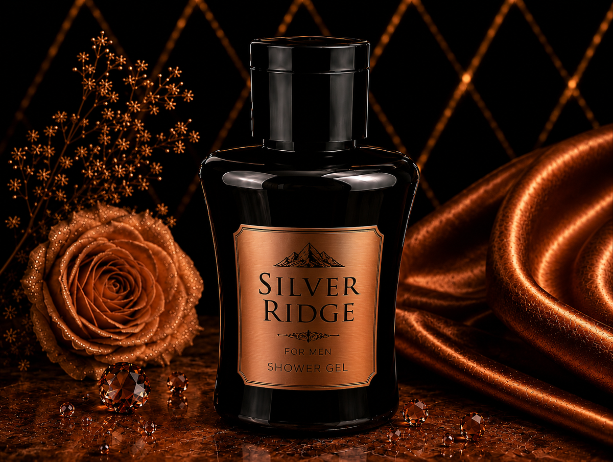 Bottle of Silver Ridge shower gel with decorative elements on a dark background