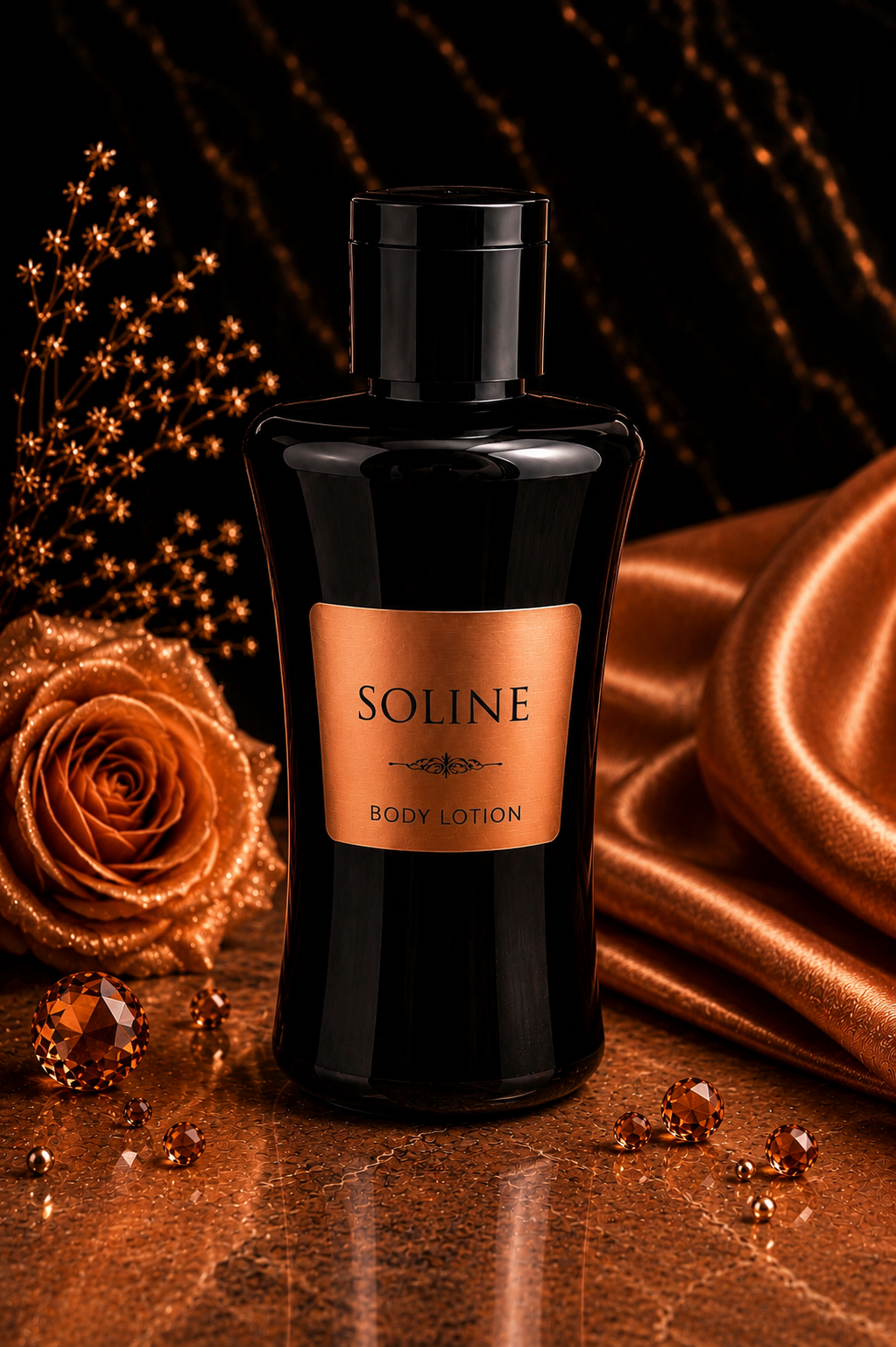 Black bottle of Soline body lotion with a gold label on a decorative background with flowers and ribbons.