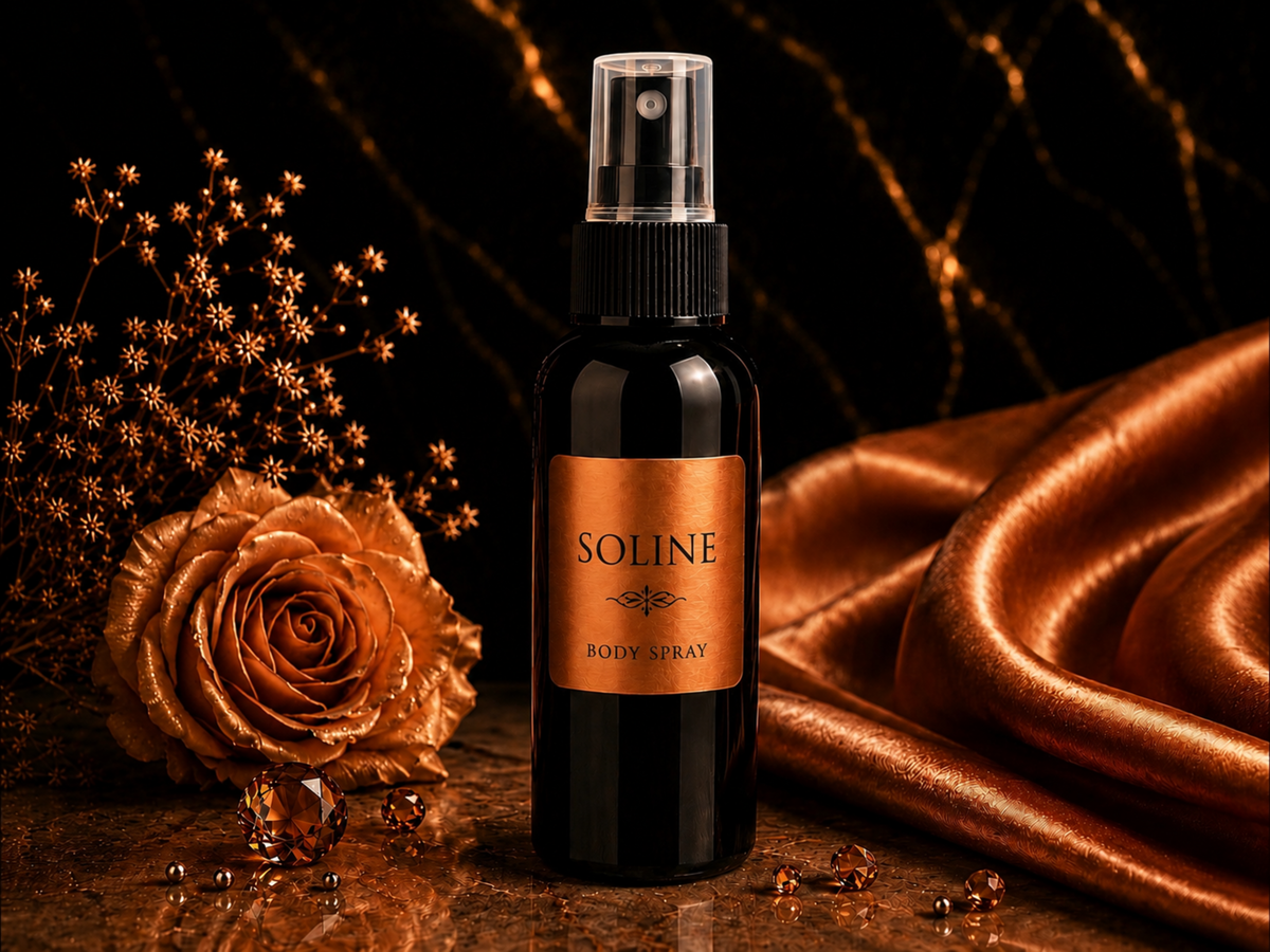 SOLINE body spray bottle with a rose and satin fabric on a dark background