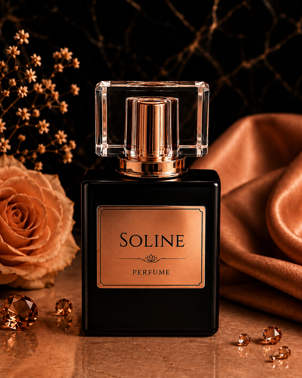 Soline perfume bottle with decorative elements on a dark background