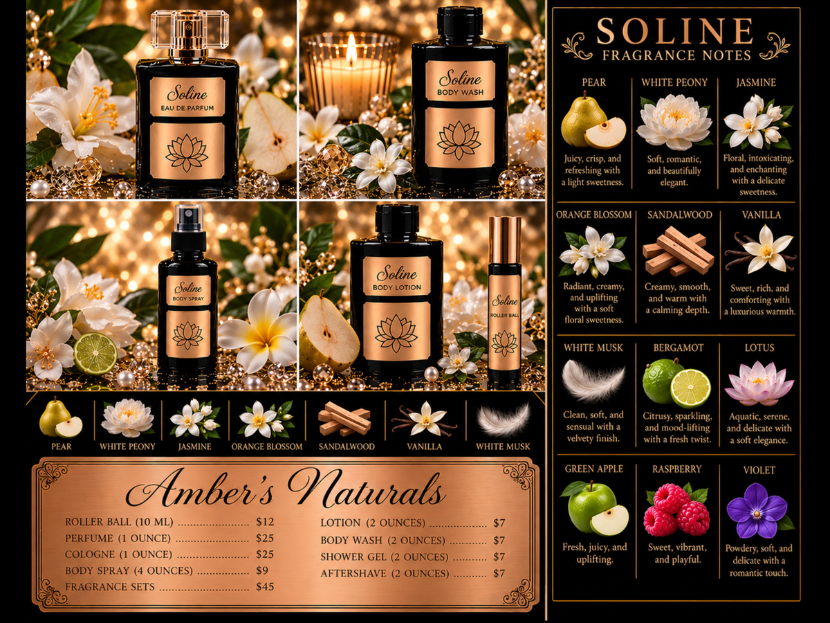 Promotional collage for the Amber’s Naturals Soline fragrance collection featuring perfume bottles, boxes, floral accents, candles, and a product pricing panel on a dark background.