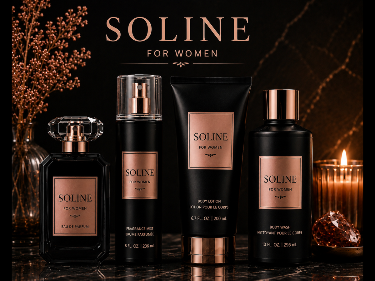 Soline perfume and skincare products on a dark background with decorative elements.