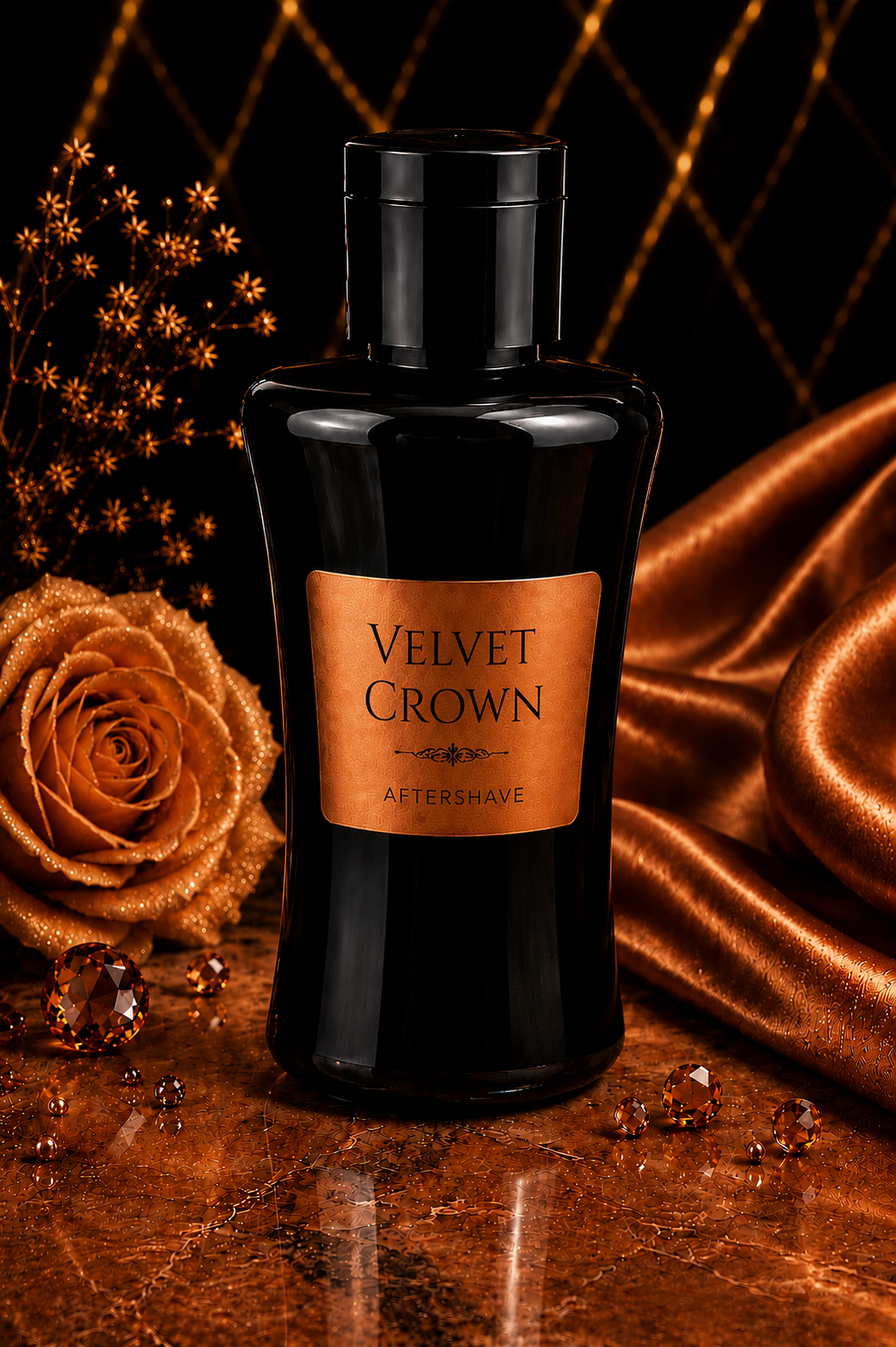 Velvet Crown aftershave bottle on a reflective surface with decorative elements