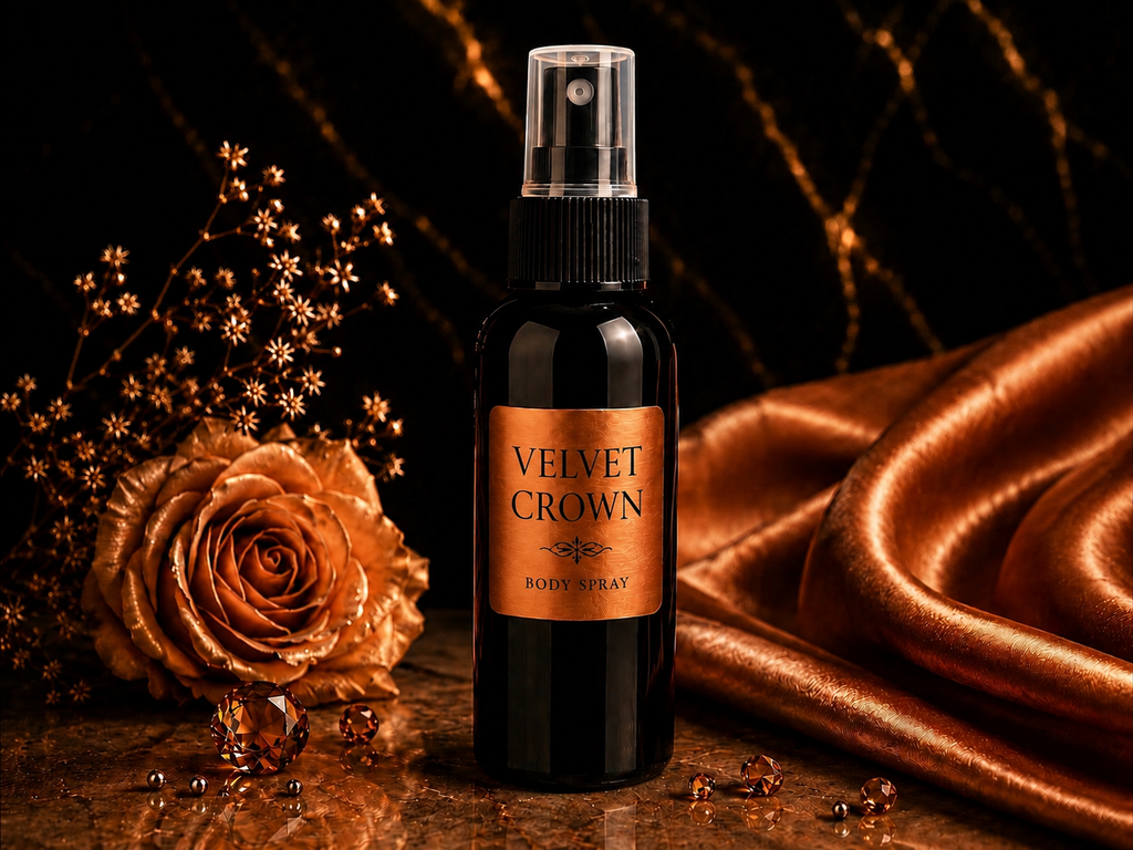 Bottle of Velvet Crown body spray with a rose and satin fabric on a dark background