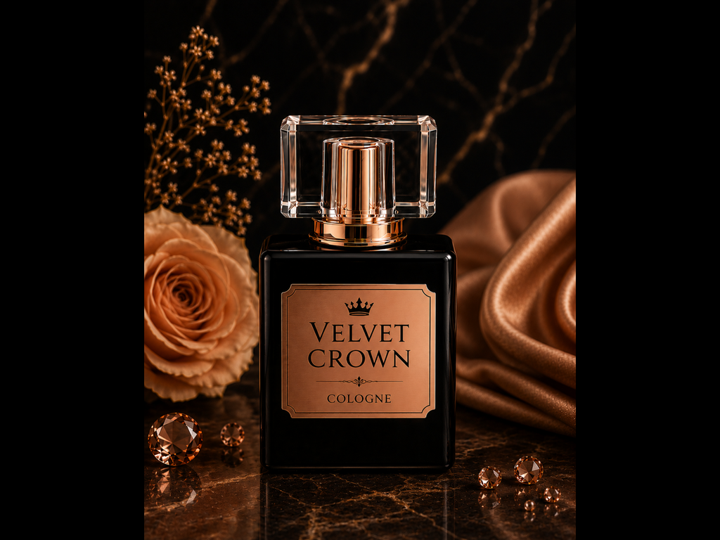 Perfume bottle labeled 'Velvet Crown' Cologne with decorative flowers and fabric in the background