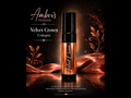Amber's Naturals Velvet Crown Cologne roller bottle, featuring a black cap and a metallic copper-orange body with white script lettering, set against a dark background with elegant copper ribbons and gold leaf details.