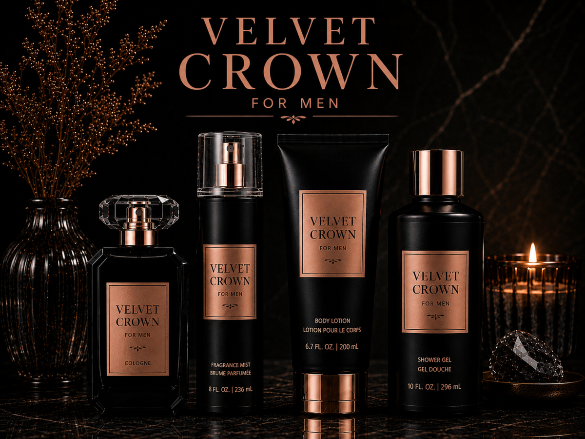 Velvet Crown men's grooming products on a dark background