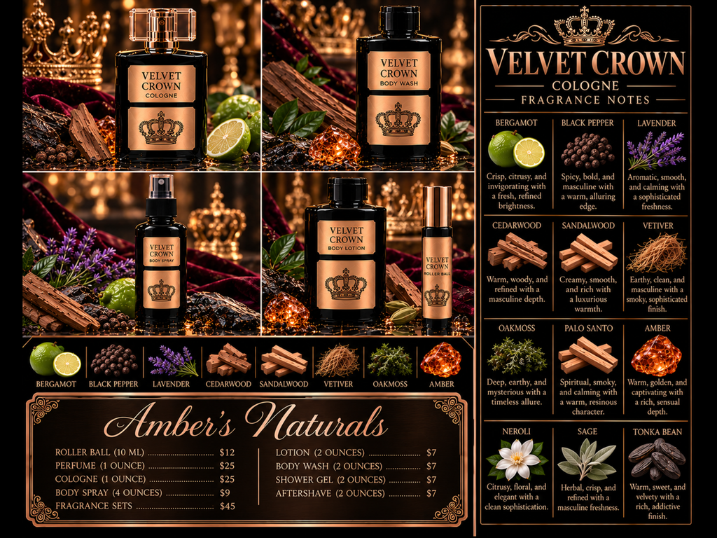 Branded collage for Velvet Crown fragrance set featuring assorted body care products, scent notes, and botanical accents on a dark background.