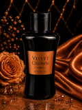 Black bottle of Velvet Crown shower gel with a rose and decorative elements on a dark background