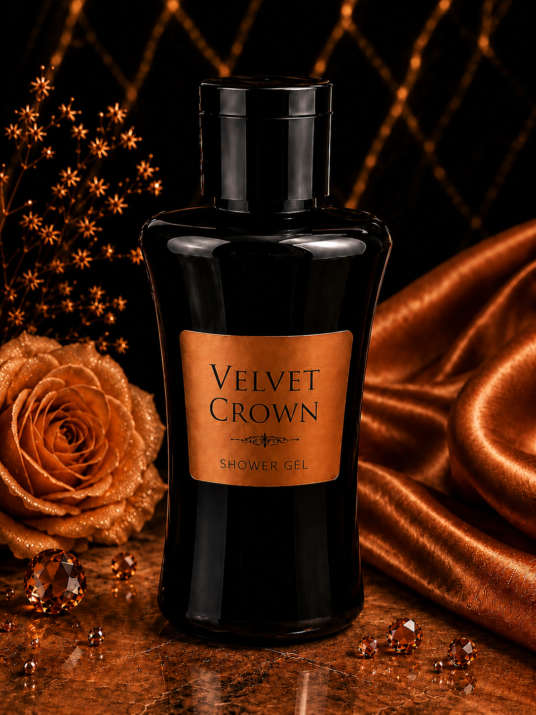 Black bottle of Velvet Crown shower gel with a rose and decorative elements on a dark background