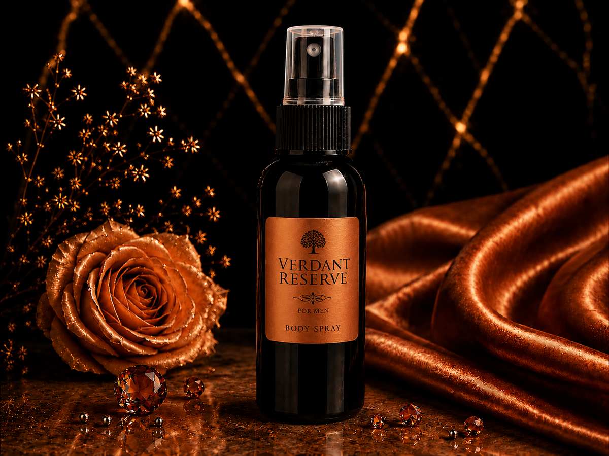Bottle of Verdant Reserve body spray with a rose and decorative lights on a dark background