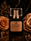 Perfume bottle labeled 'Verdant Reserve' with decorative elements on a dark background