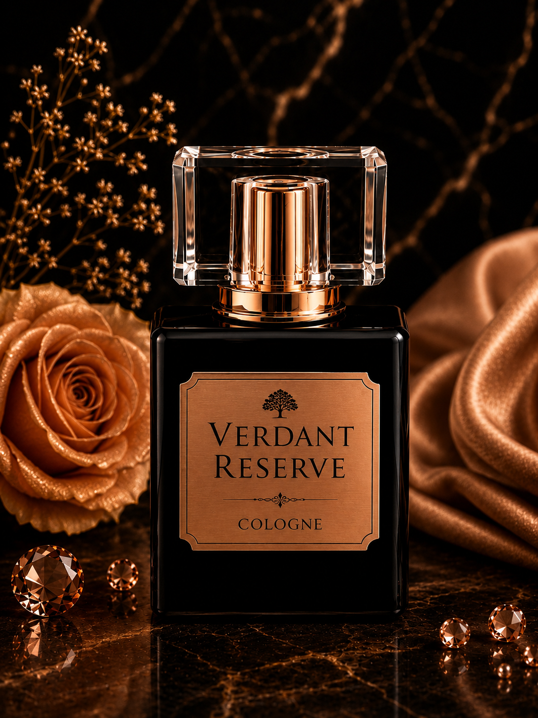 Perfume bottle labeled 'Verdant Reserve' with decorative elements on a dark background