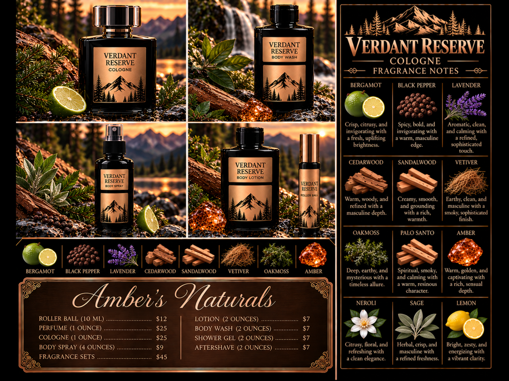 Promotional collage for Amber's Naturals Verdant Reserve fragrance set featuring amber bottles, ingredient charts, and pricing on a dark background.