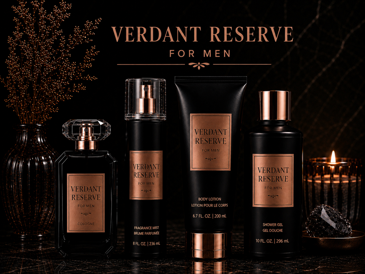 Verdant Reserve men's grooming products on a dark background