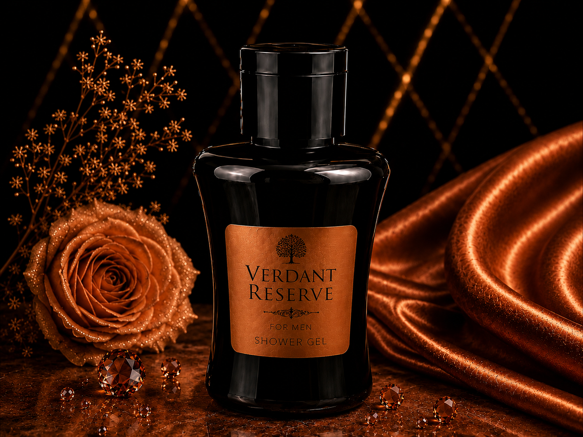 Bottle of Verdant Reserve shower gel with decorative elements on a dark background