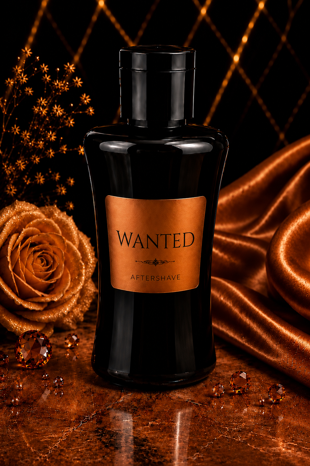 Black bottle of 'WANTED' aftershave with a brown label on a reflective surface with decorative elements.