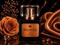 Perfume bottle labeled 'WANTED' cologne with decorative elements on a dark background