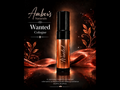 A cosmetic rollerball bottle labeled 'Wanted' by Amber's Naturals, shown against a dark background with warm copper and gold decorative leaves and draped fabric.