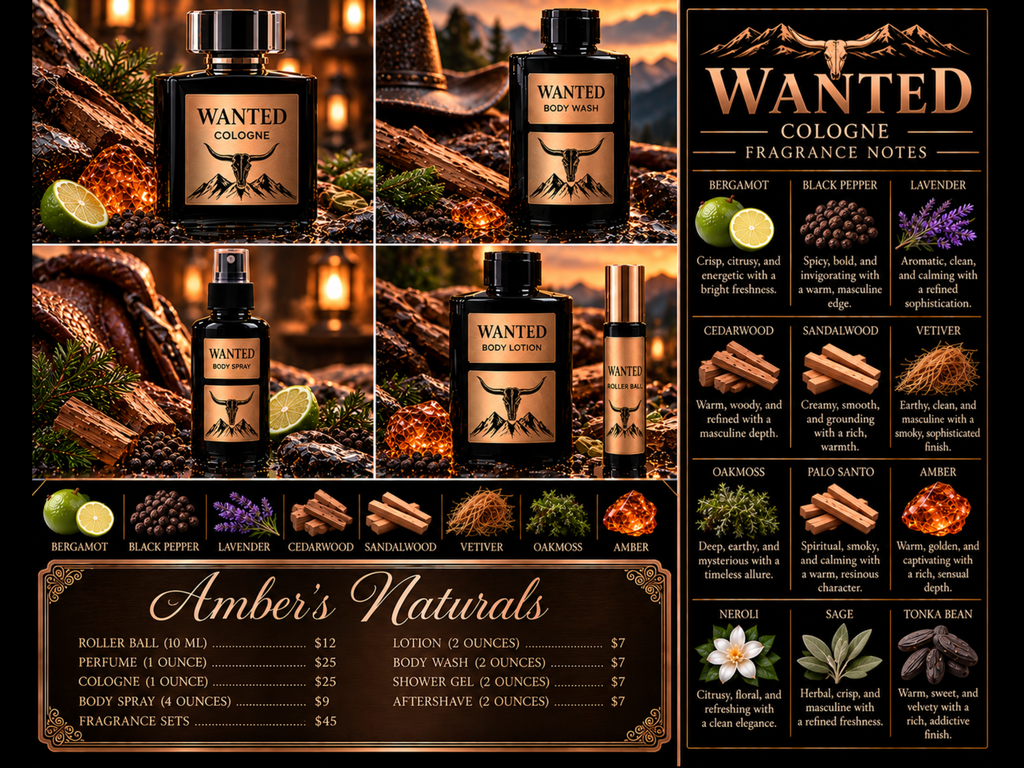 Promotional collage for Amber's Naturals 'Wanted' cologne, featuring amber glass bottles, citrus, cinnamon, forest imagery, and a fragrance notes and pricing panel.