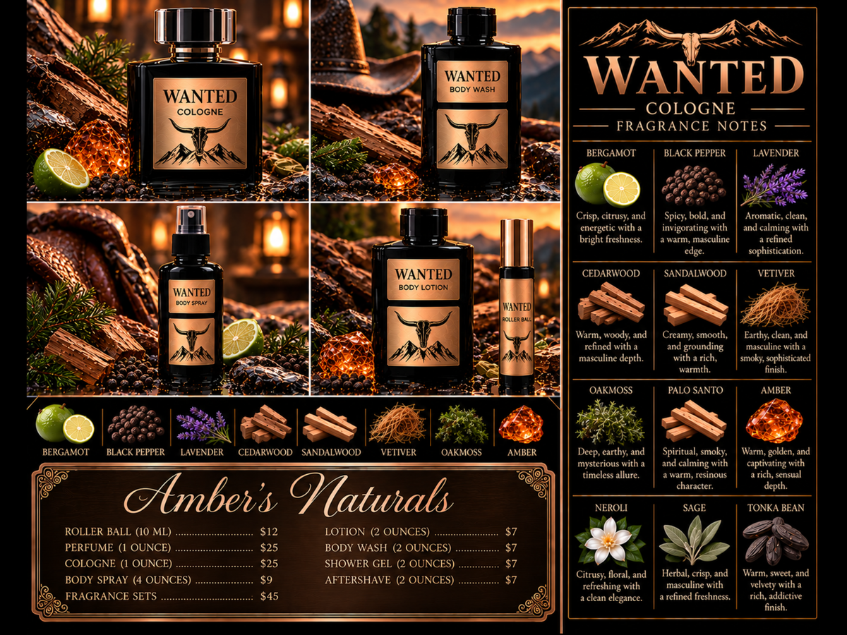 Promotional collage for Amber's Naturals 'Wanted' cologne, featuring amber glass bottles, citrus, cinnamon, forest imagery, and a fragrance notes and pricing panel.