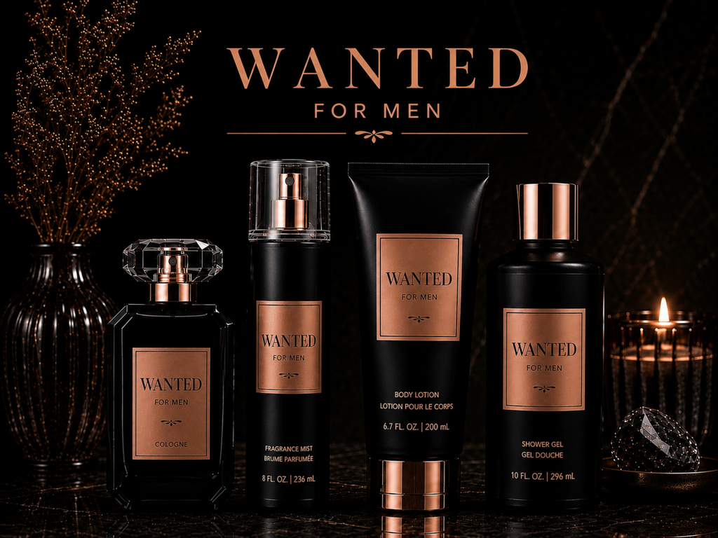 Wanted for Men grooming product set with black and rose gold packaging on a dark background.