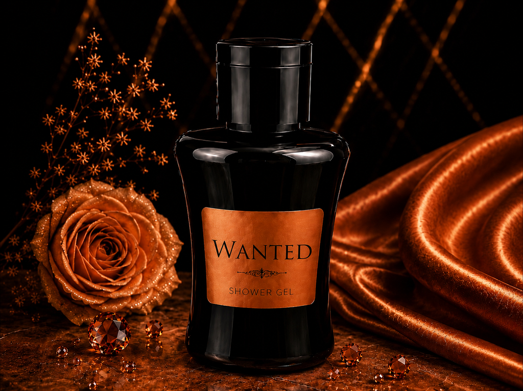Black bottle of 'Wanted' shower gel with a rose and draped fabric on a dark background